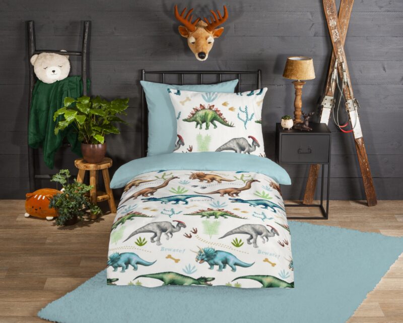 Good Morning Flanellen kinderdekbedovertrek  "Dino" - Multi
