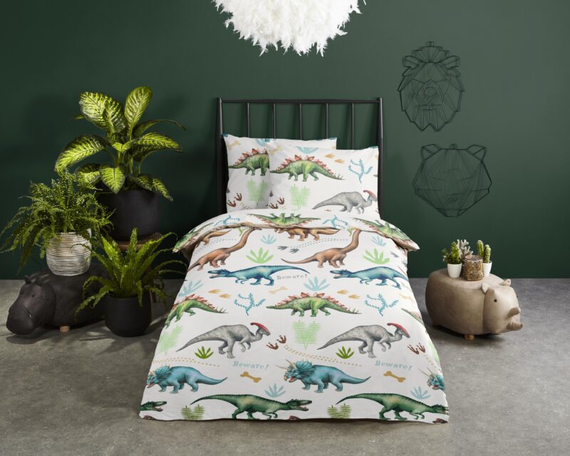 Good Morning Katoenen kinderdekbedovertrek  "Dino" - Wit