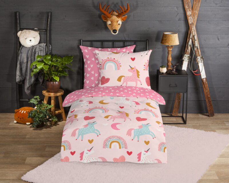 Good Morning Flanellen kinderdekbedovertrek  "Unicorn" - Roze