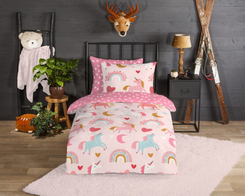 Good Morning Flanellen kinderdekbedovertrek  "Unicorn" - Roze