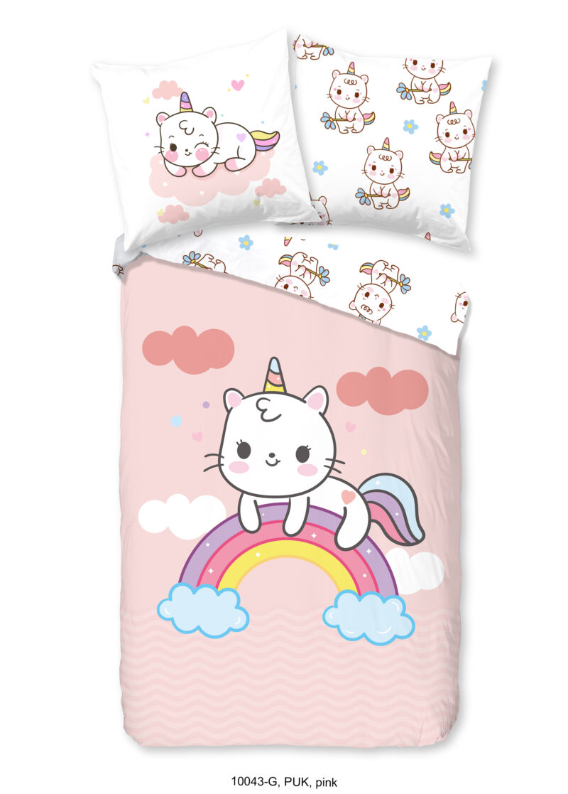 Good Morning Kinderdekbedovertrek "eenhoorn kat met regenboog" - Roze - (135x200 cm) - Katoen