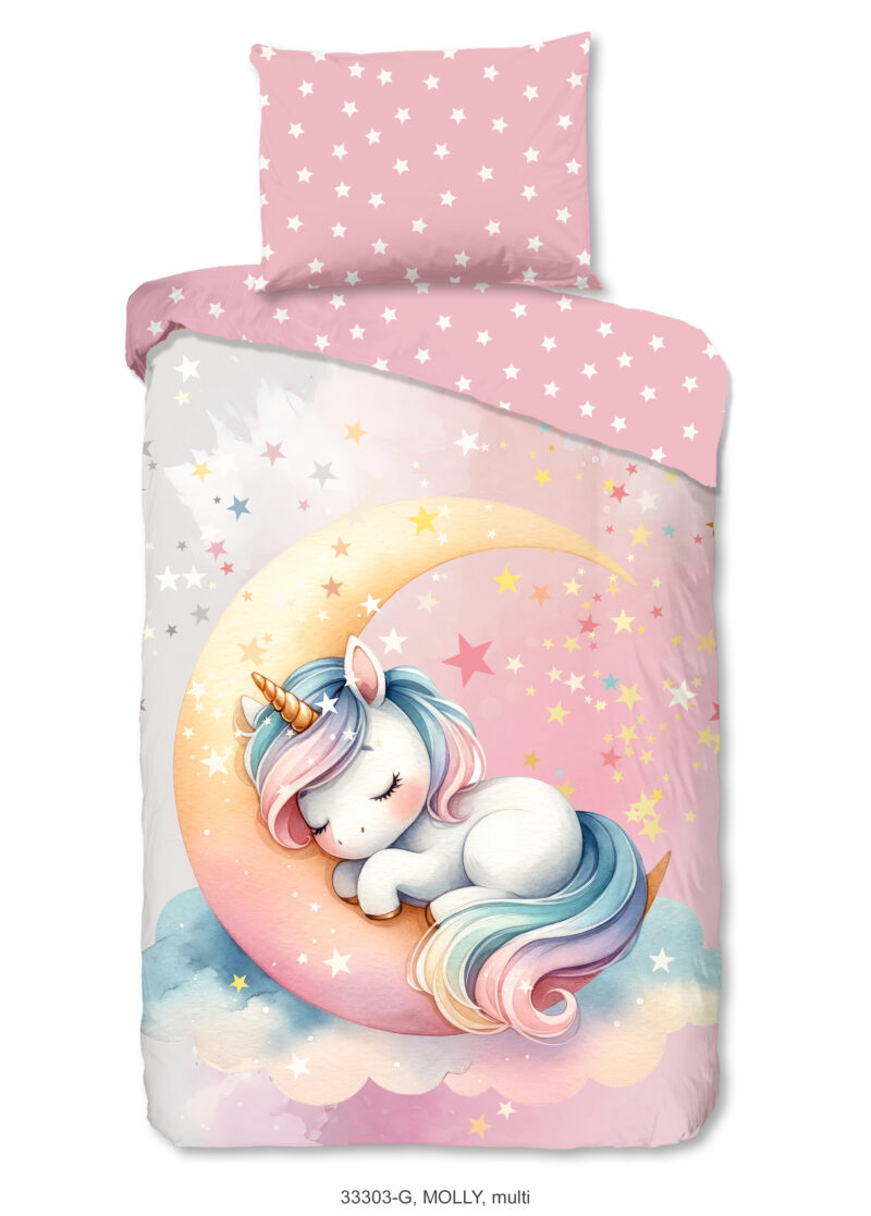 Good Morning Kinderdekbedovertrek "eenhoorn slapend op een maan" - Roze - (140x200 cm) - Katoen