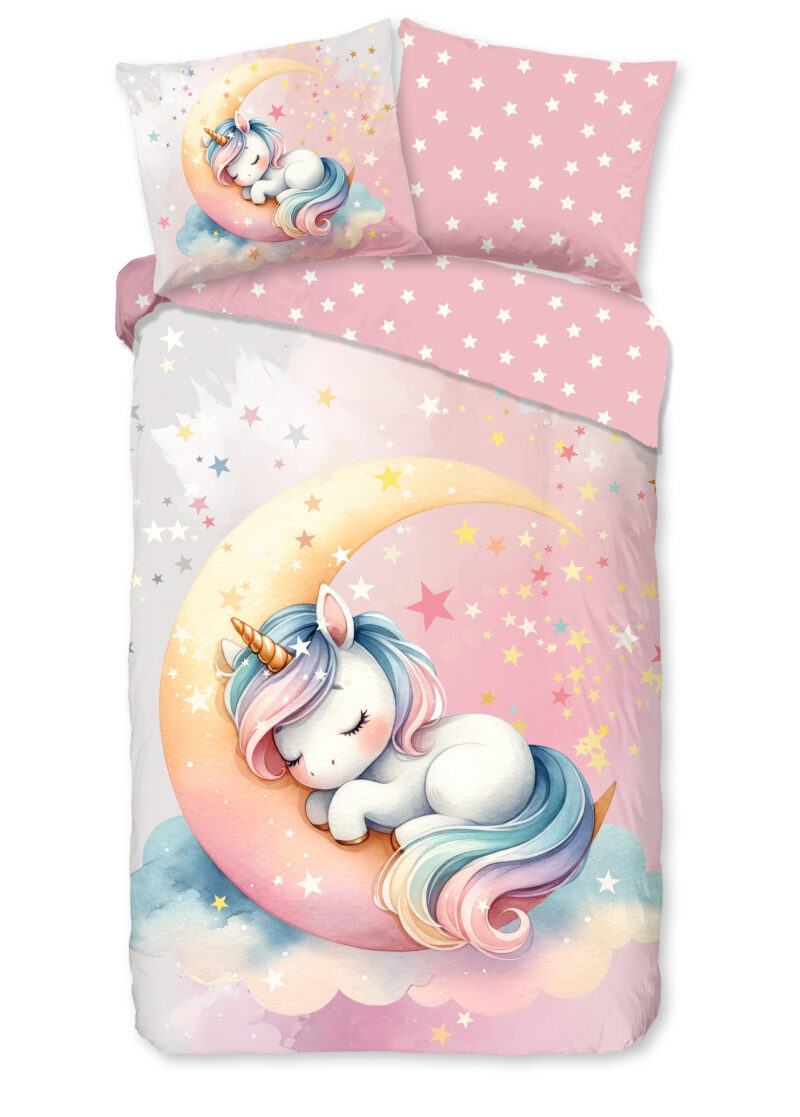 Good Morning Kinderdekbedovertrek "eenhoorn slapend op een maan" - Roze - (140x200/220 cm) - Katoen
