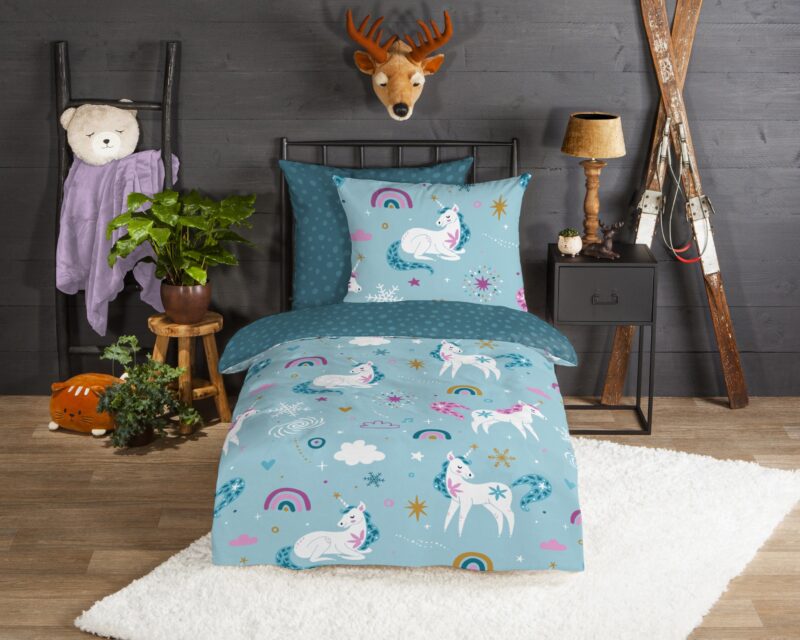 Good Morning Flanellen kinderdekbedovertrek  "Snowycorn" - Blauw