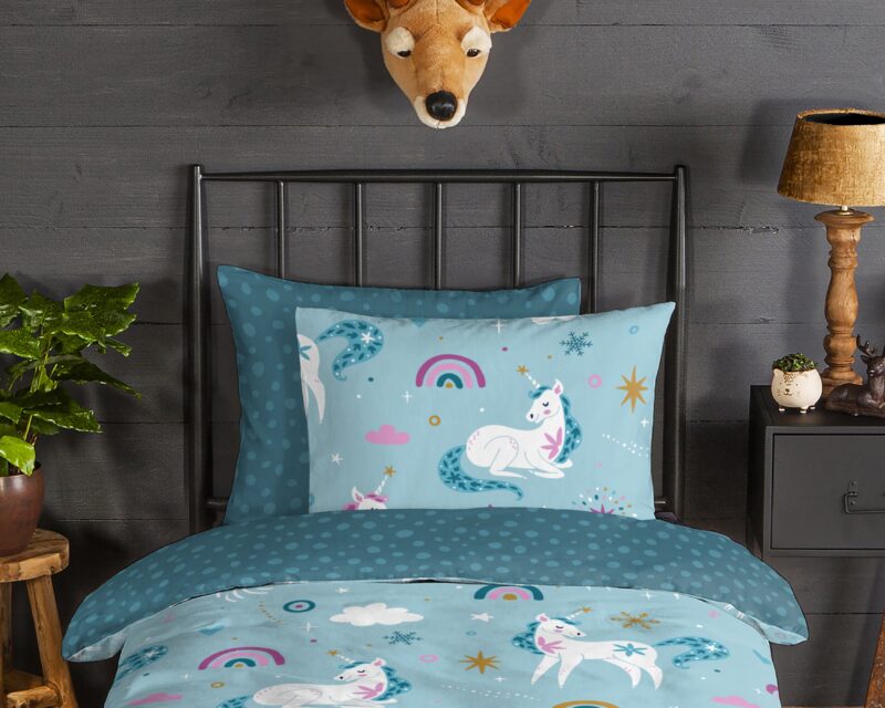 Good Morning Flanellen kinderdekbedovertrek "Snowycorn" - Blauw