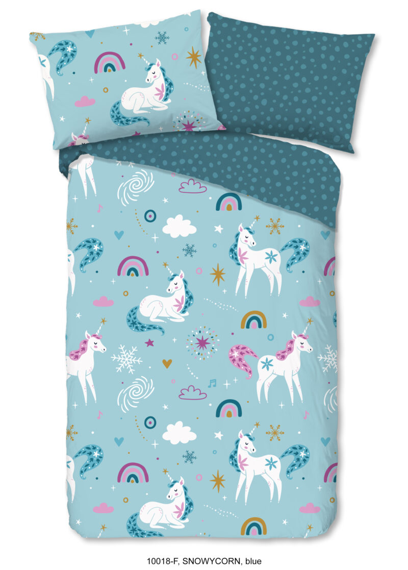 Good Morning Kinderdekbedovertrek "eenhoorns en regenbogen" - Blauw - (140x200 cm) - Katoen Flanel