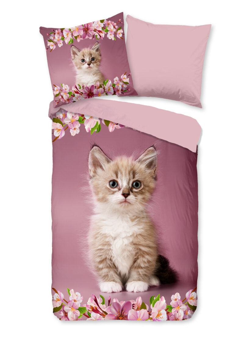 Good Morning Kinderdekbedovertrek "kitten poes met bloemen" - Roze - (135x200 cm) - Katoen