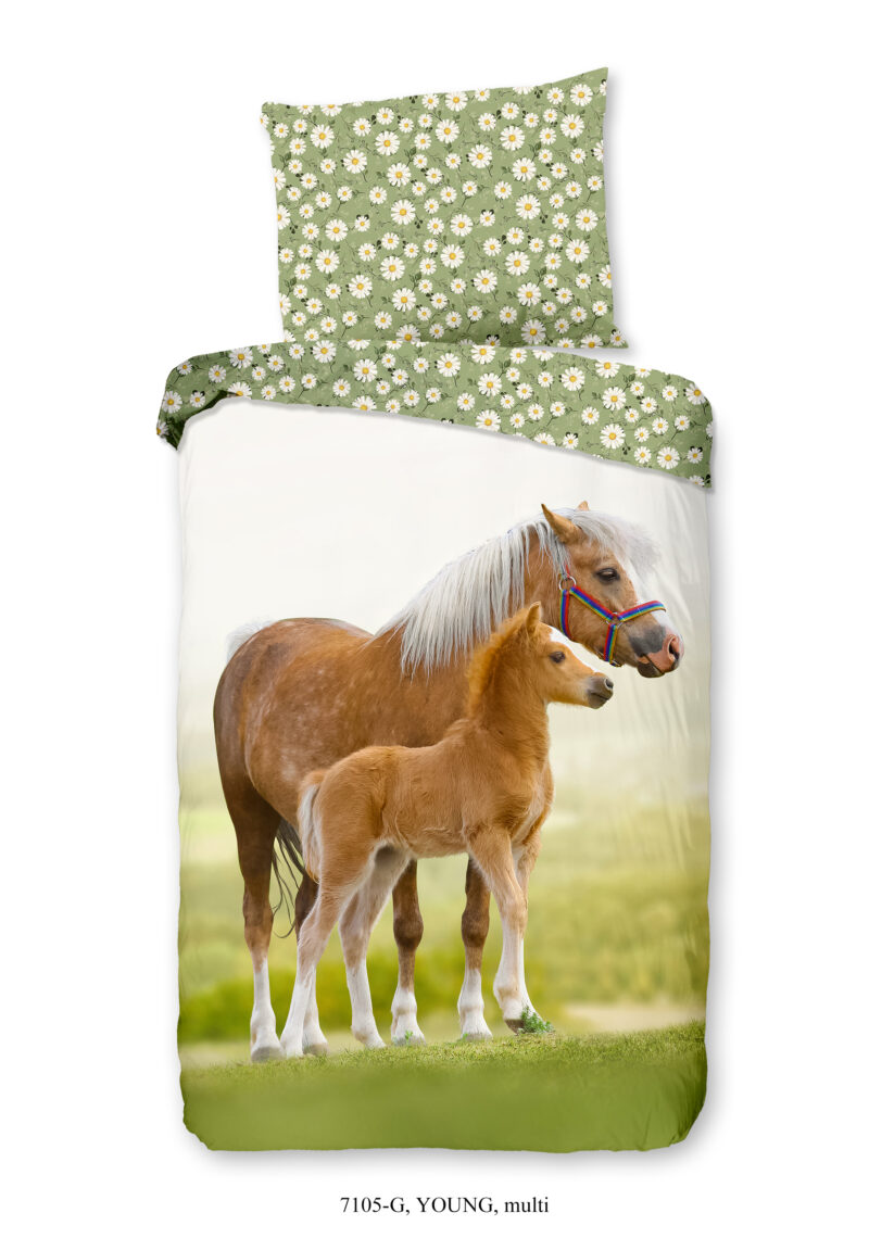 Good Morning Kinderdekbedovertrek "paarden" - Groen - (140x200 cm) - Katoen