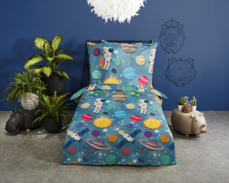 Good Morning Flanellen kinderdekbedovertrek  "Spaceworld" - Blauw