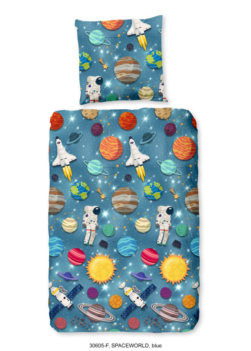 Good Morning Kinderdekbedovertrek "planeten / ruimte" - Blauw - (135x200 cm) - Katoen Flanel