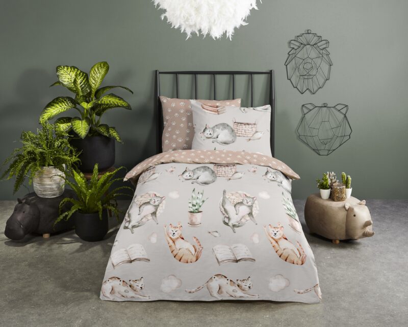 Good Morning Katoenen kinderdekbedovertrek  "Catlife" - Grijs