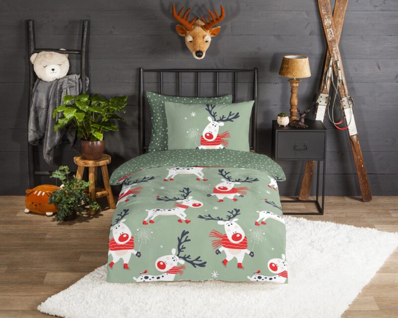 Good Morning Flanellen kinderdekbedovertrek  "Dinde" - Groen