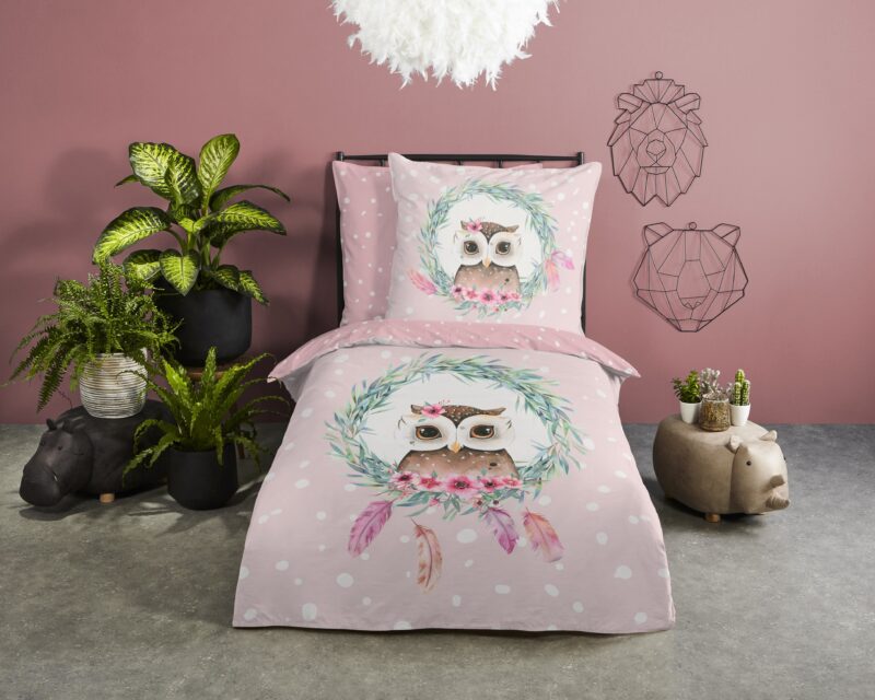 Good Morning Katoenen kinderdekbedovertrek  "Owli" - Roze