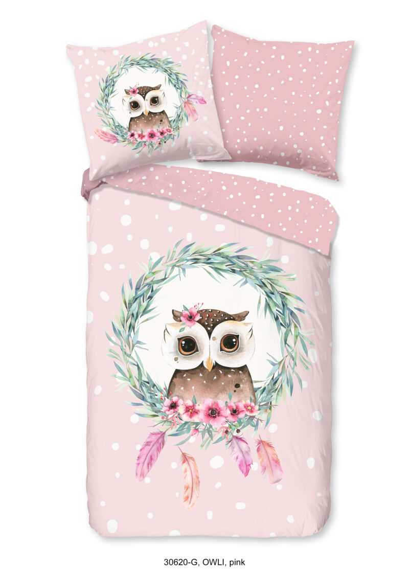 Good Morning Kinderdekbedovertrek "uil en veren" - Roze - (135x200 cm) - Katoen