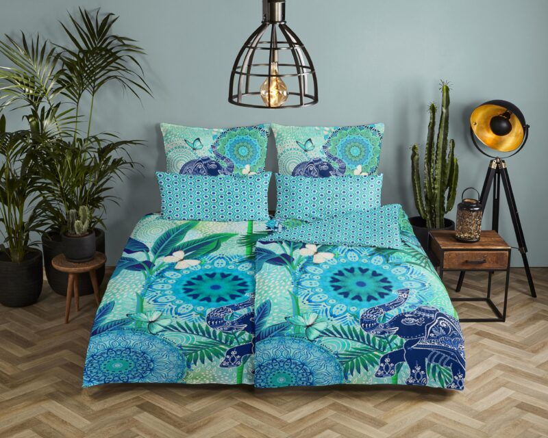 bladeren en een olifant" - Blauw - (135x200 cm) - Katoen Satijn