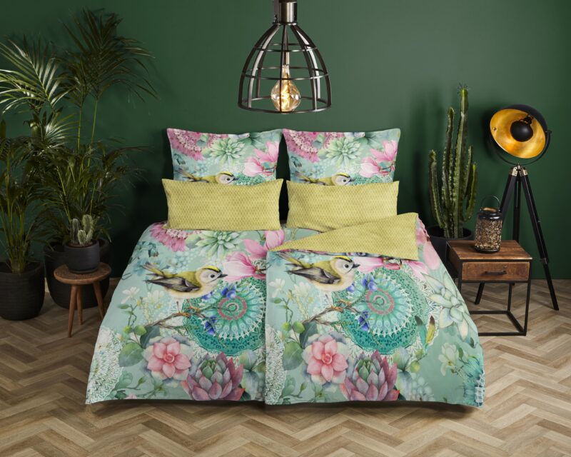 bloemen en vogels" - Groen - (135x200 cm) - Katoen Satijn