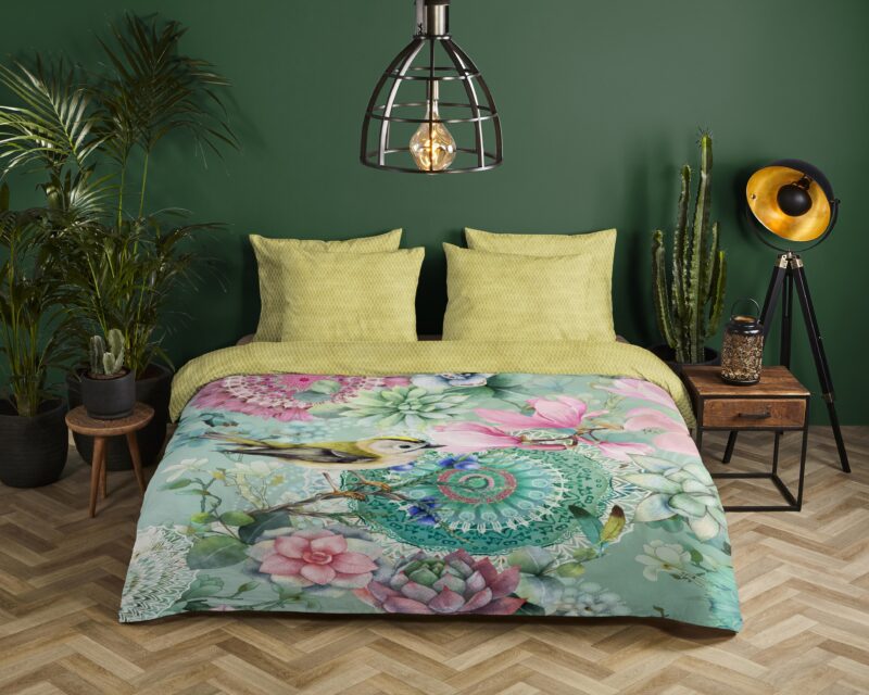 bloemen en vogels" - Groen - (140x200 cm) - Katoen Satijn