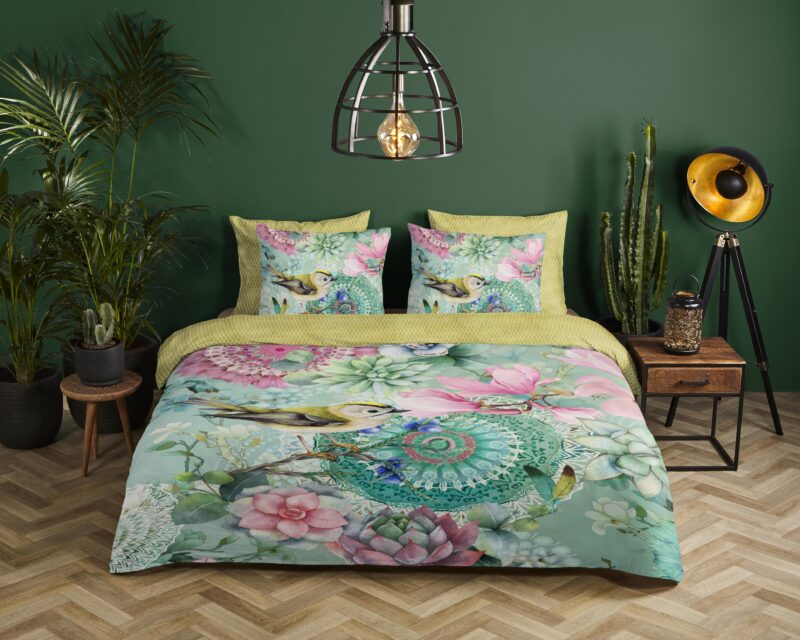 bloemen en vogels" - Groen - (200x200/220 cm) - Katoen Satijn