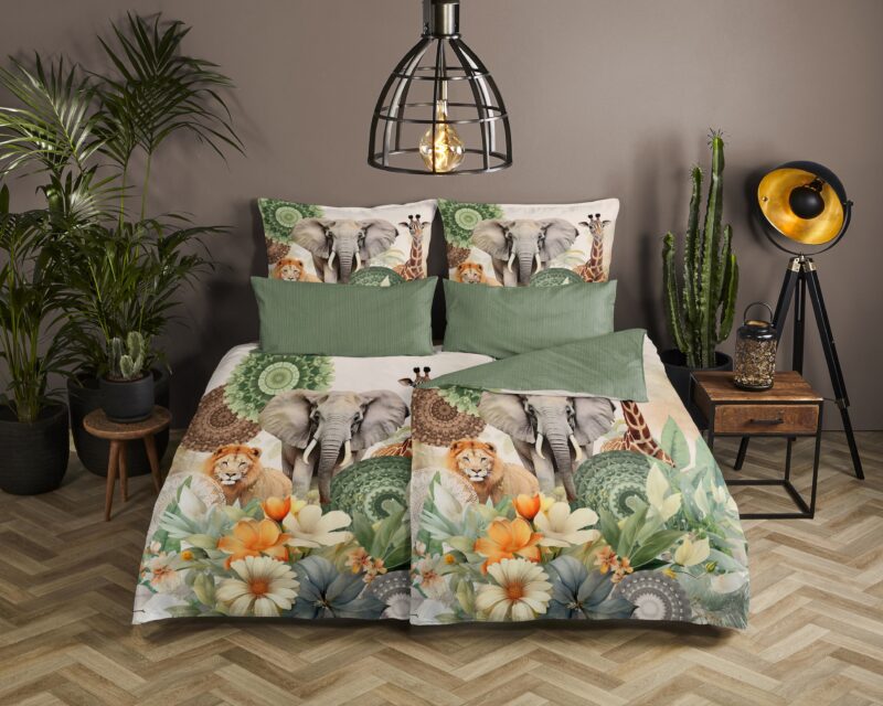 bloemen & safari dieren" - Groen - (135x200 cm) - Katoen Satijn