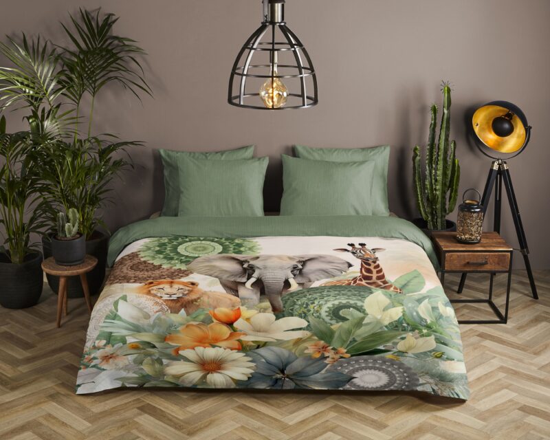 bloemen & safari dieren" - Groen - (140x200 cm) - Katoen Satijn