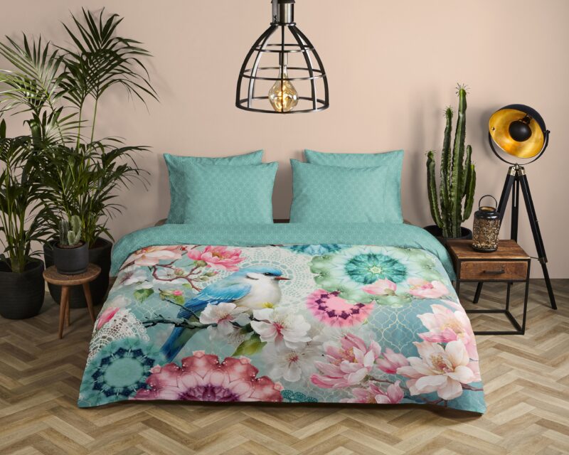 bloemen & vogel" - Mint - (140x200 cm) - Katoen Satijn