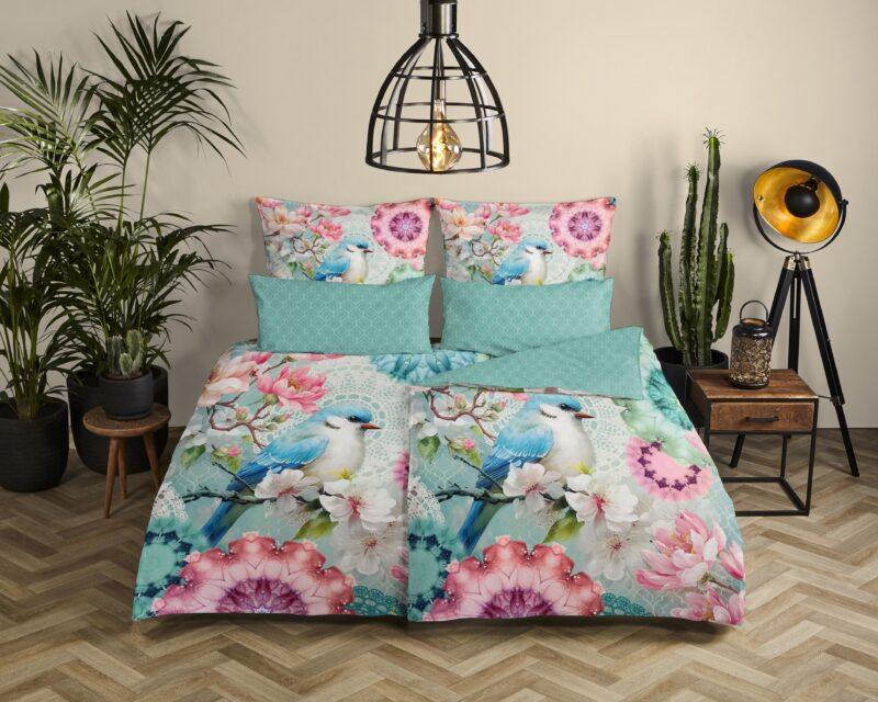 bloemen & vogel" - Mint - (155x220 cm) - Katoen Satijn