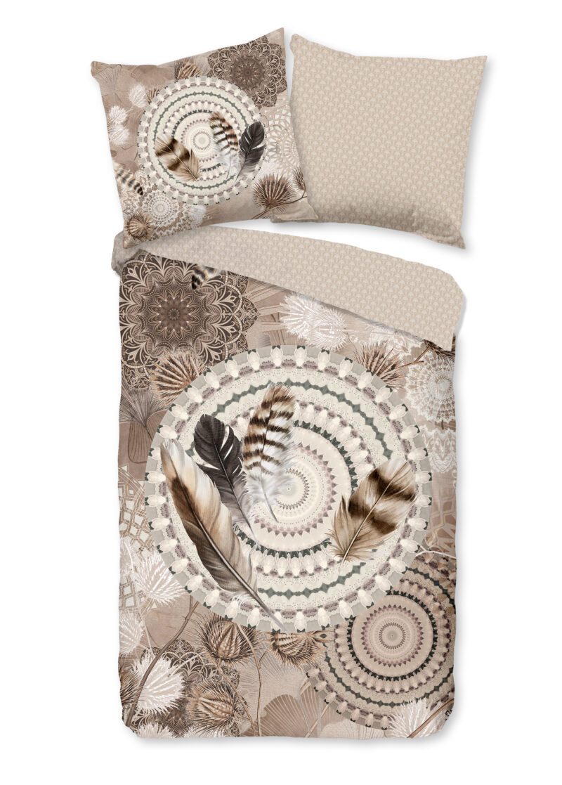 HIP Dekbedovertrek "mandala's en veren" - Taupe - (135x200 cm) - Katoen Flanel