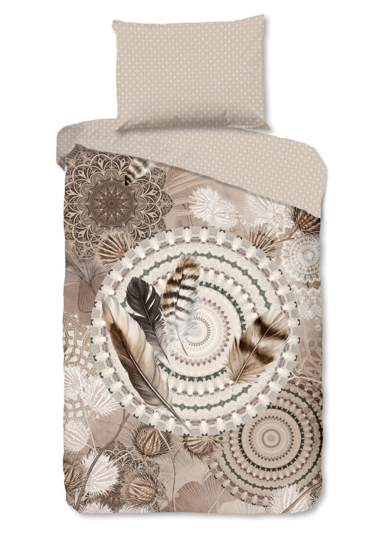 HIP Dekbedovertrek "mandala's en veren" - Taupe - (140x200 cm) - Katoen Flanel
