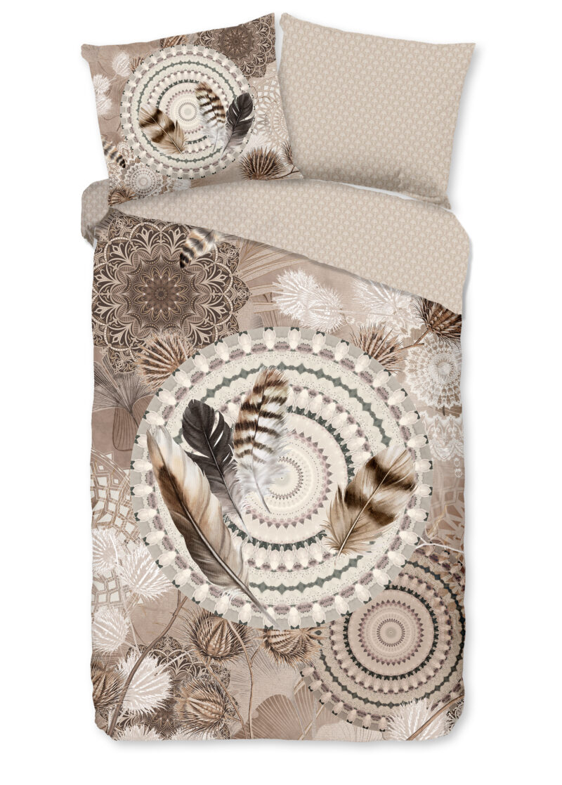 HIP Dekbedovertrek "mandala's en veren" - Taupe - (140x200/220 cm) - Katoen Flanel