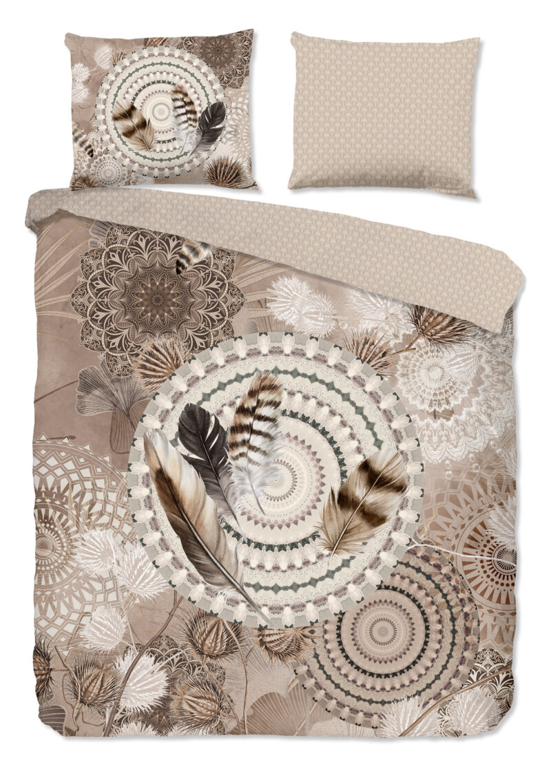 HIP Dekbedovertrek "mandala's en veren" - Taupe - (240x200/220 cm) - Katoen Flanel