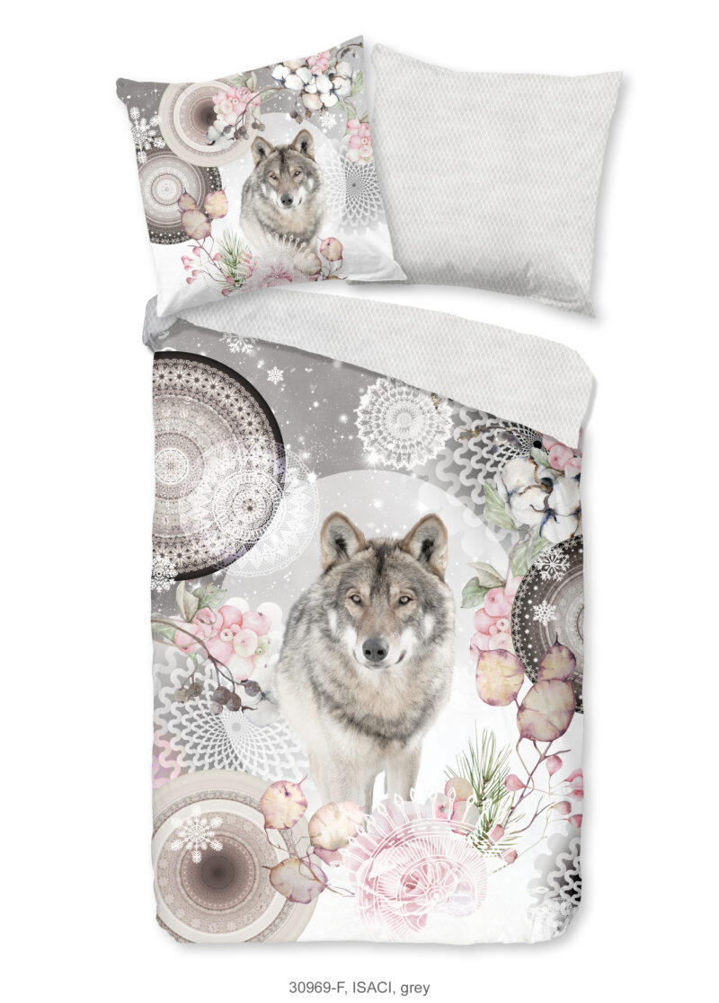 HIP Dekbedovertrek "mandala's met wolf" - Grijs - (135x200 cm) - Katoen Flanel