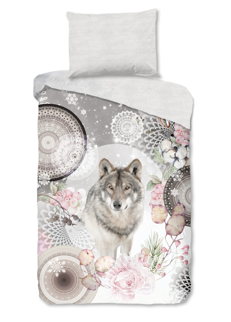 HIP Dekbedovertrek "mandala's met wolf" - Grijs - (140x200 cm) - Katoen Flanel