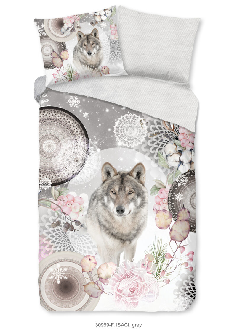 HIP Dekbedovertrek "mandala's met wolf" - Grijs - (140x200/220 cm) - Katoen Flanel