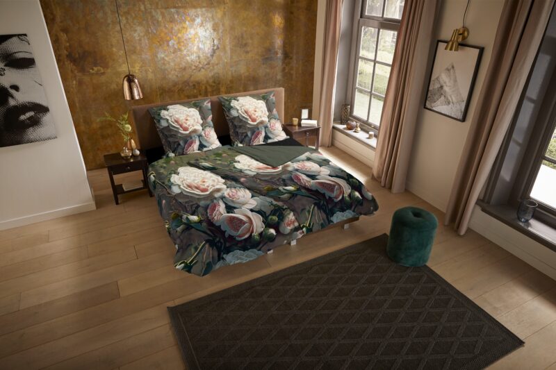 Pure Microfiber dekbedovertrek  "White Roses" - Groen