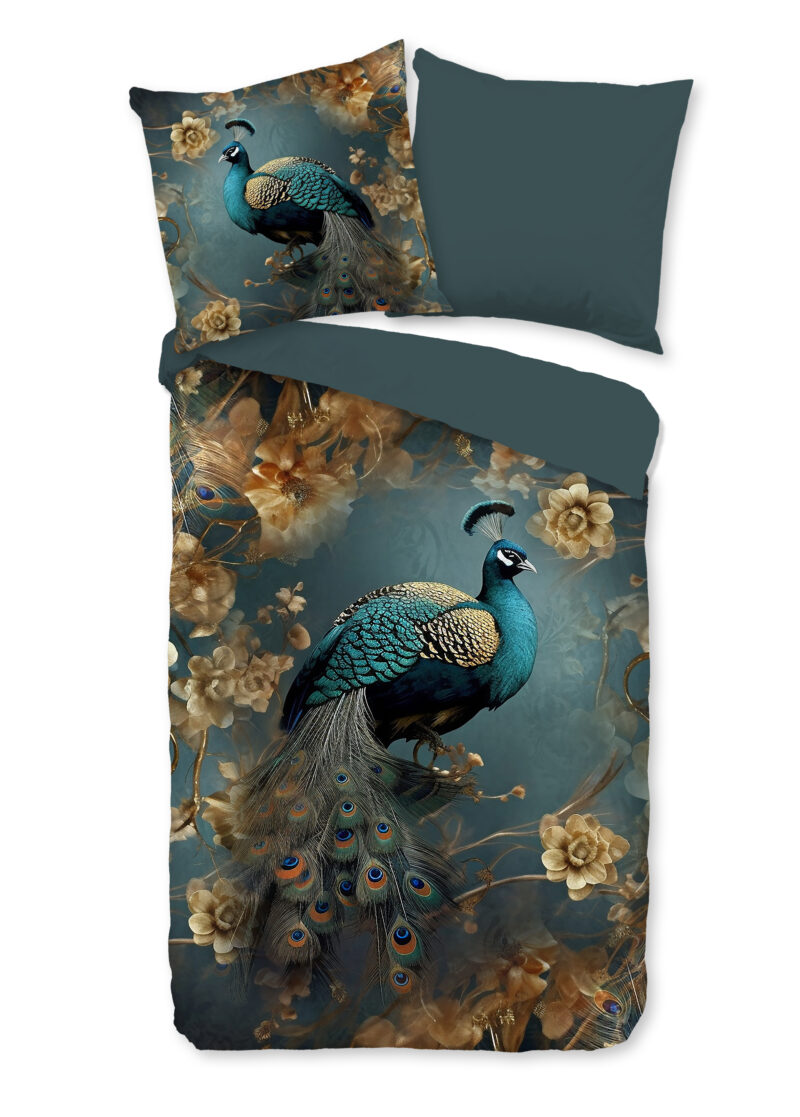 Pure Dekbedovertrek "pauw met gouden bloemen" - Petrol - (135x200 cm) - Microfiber